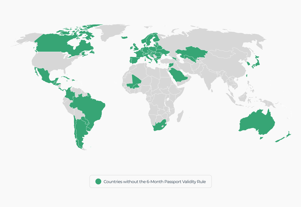 Map with countries that allow entry if your passport expires in less than 6 months.