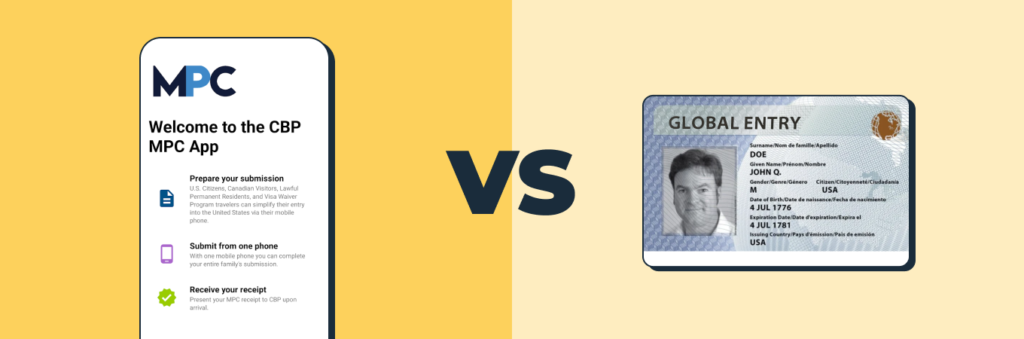 Mobile passport control app interface vs. a Global Entry card.