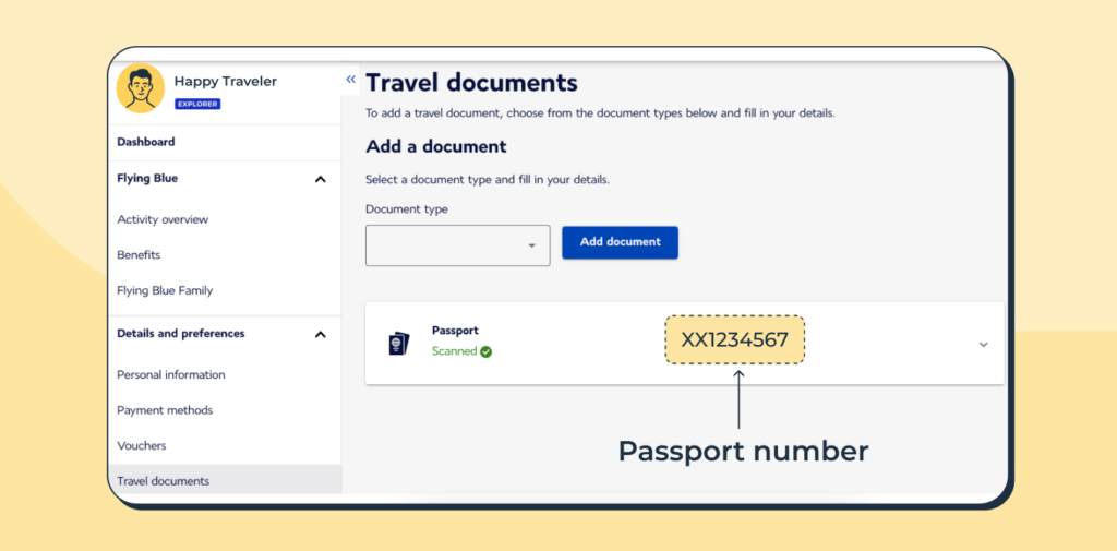 Where to look up your passport number using your airline account.