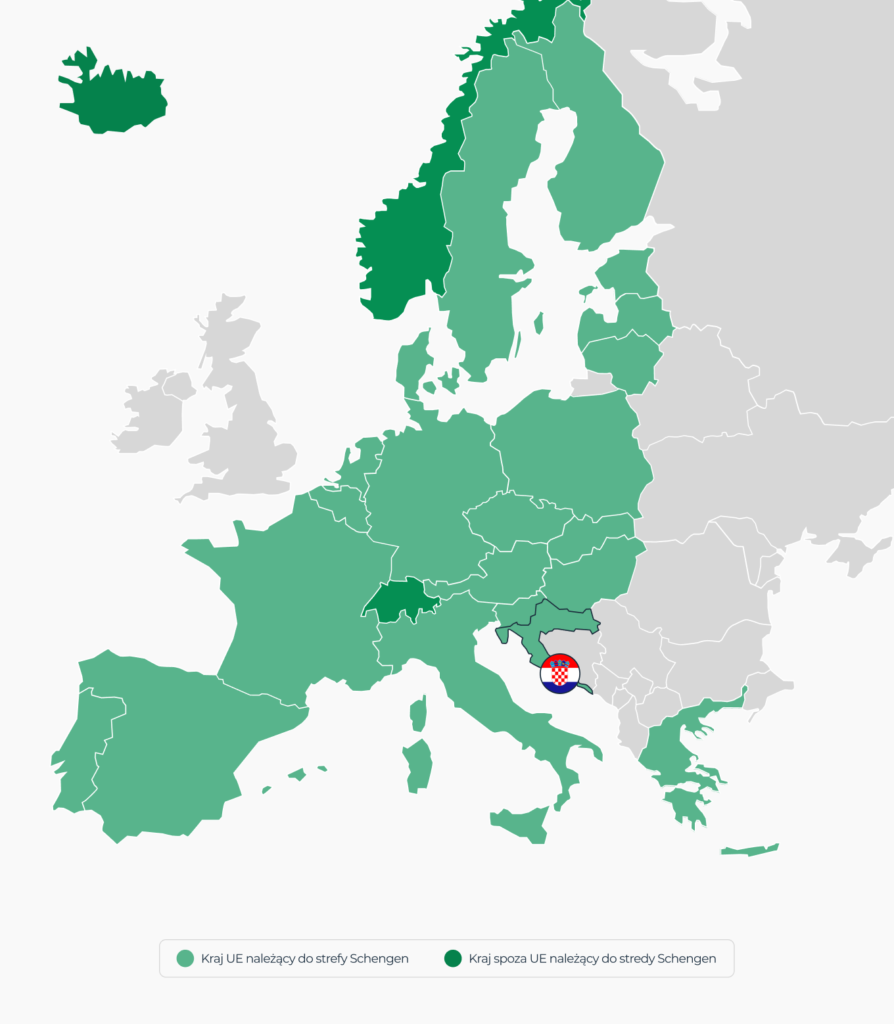 Mapa Europy przedstawiająca kraje należące do Unii Europejskiej oraz strefy Schengen