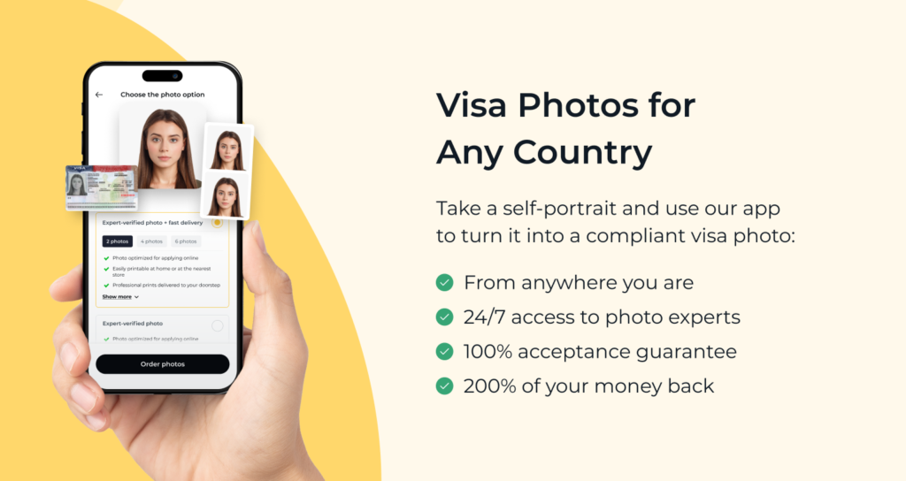 Benefits of using PhotoAiD to get a compliant visa photo, including an acceptance guarantee, expert verification, and refunds.