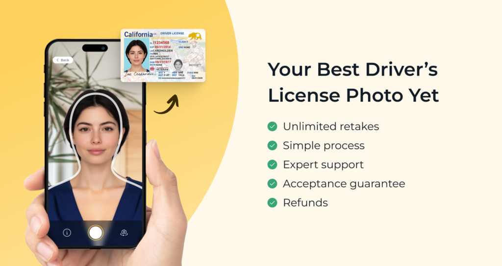 Benefits of taking a driver’s license photo with PhotoAiD, including unlimited retakes for free, simplicity, and expert support.