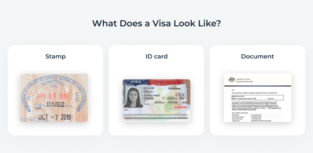 Examples of three different visas: A tamp, ID card, and document.