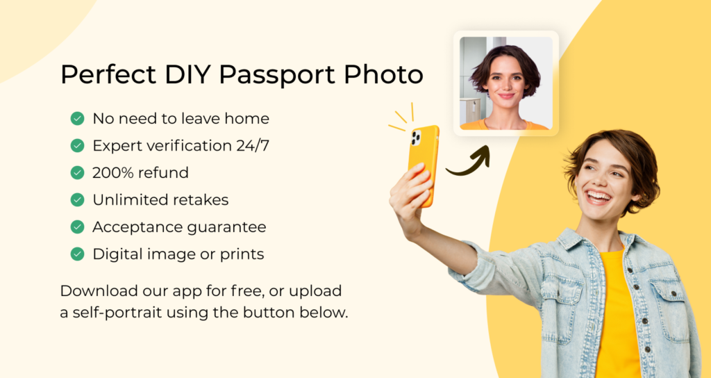 Benefits of taking passport photos with the PhotoAiD app for iOS.]