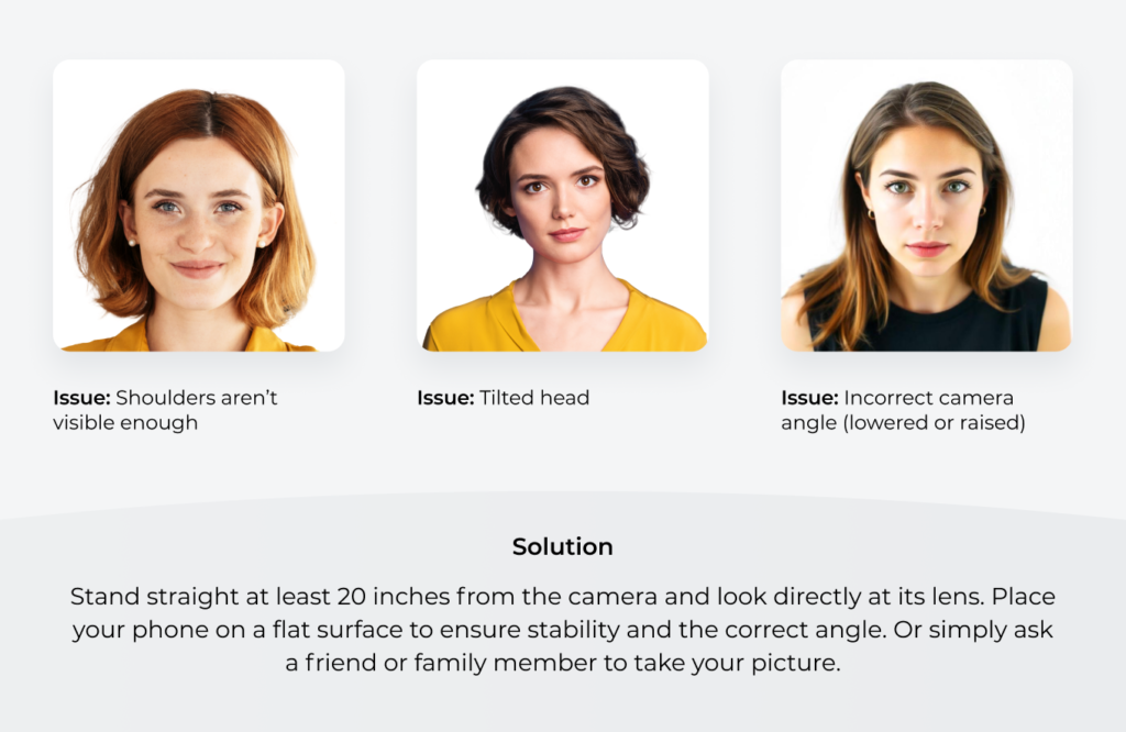 Three common passport photo positioning mistakes: Shoulders out of the frame, tilted head, incorrect camera angle.
