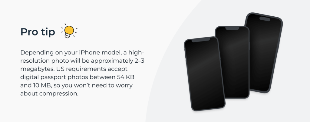 Tip on the size of high-resolution iPhone photos and the required US passport photo size.
