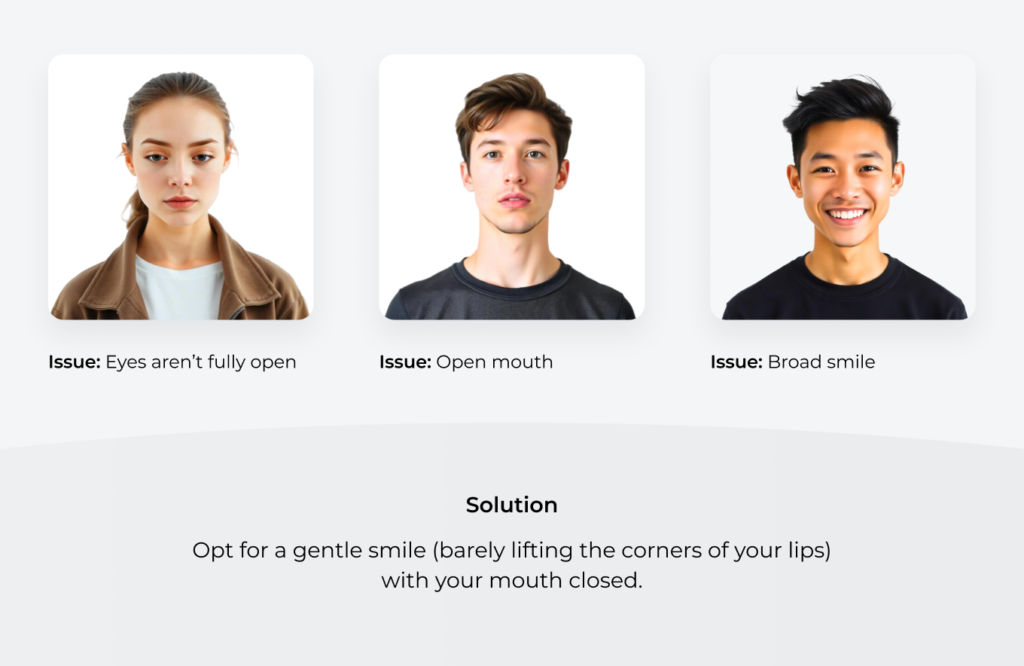 Incorrect passport photo facial expressions: Eyes not fully closed, open mouth, and a toothy smile.