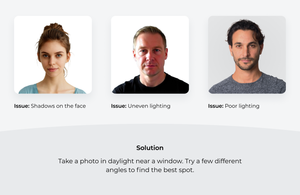 Incorrect lighting in passport photos, including shadows, poor exposure, and uneven lighting.