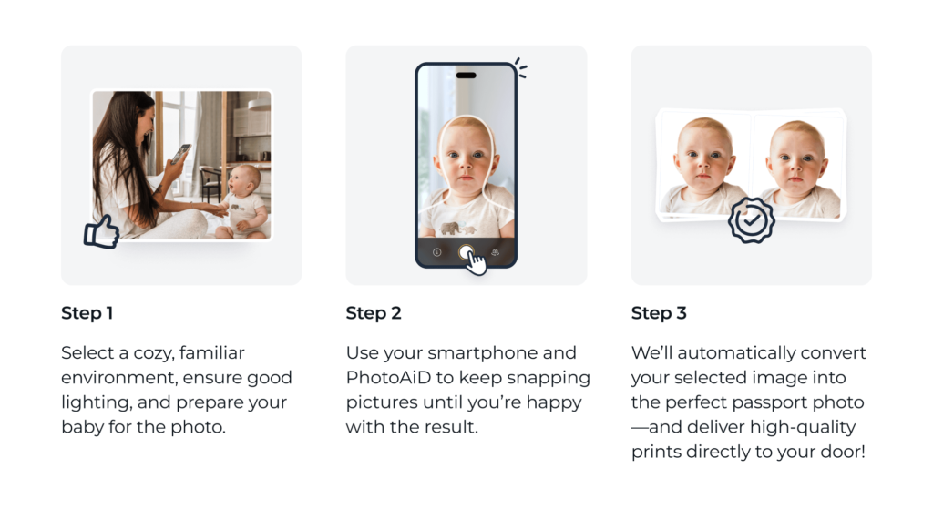 Taking an infant’s passport photo at home in three steps with PhotoAiD’s app.