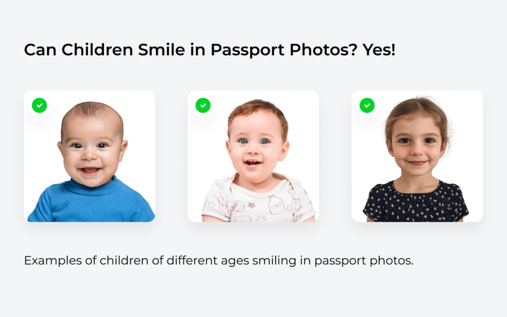 Examples of children of different ages smiling in passport photos.