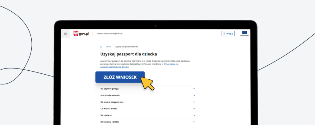 Widok strony rządowej, za pomocą której można złożyć wniosek o paszport online.