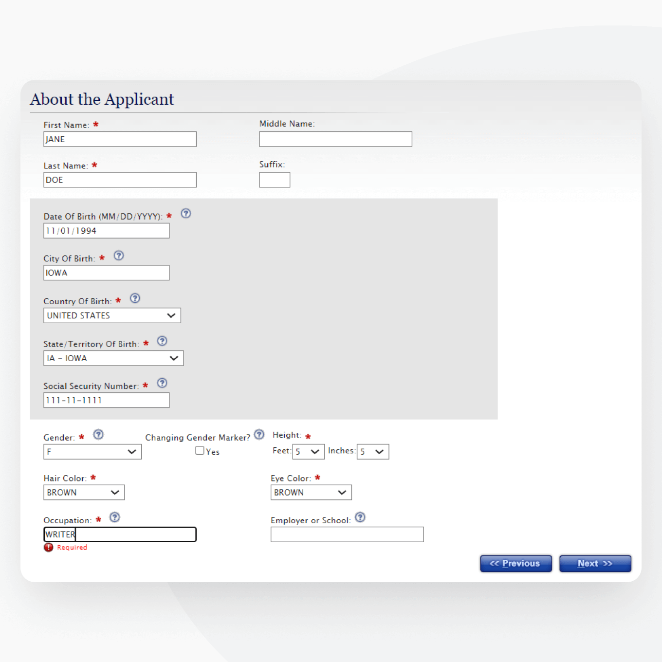 Page one of a filled out DS-11 application form: Personal details.