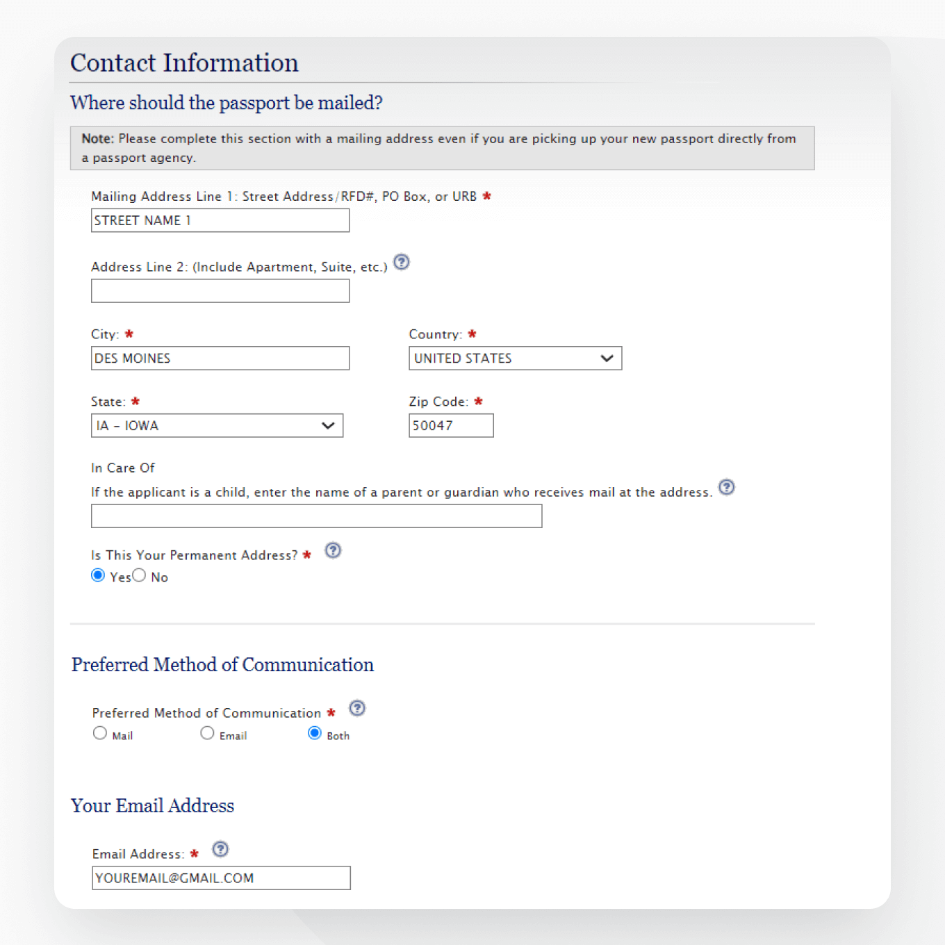 Page two of a filled out DS-11 application form: Contact details.