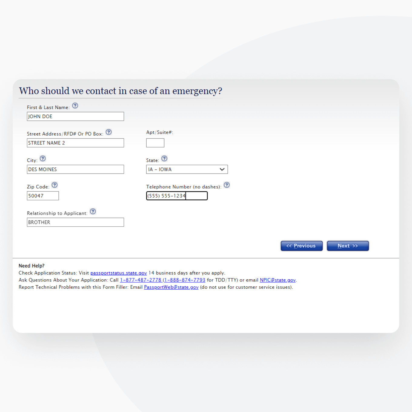 Page four of a filled out DS-11 application form: Emergency contact.