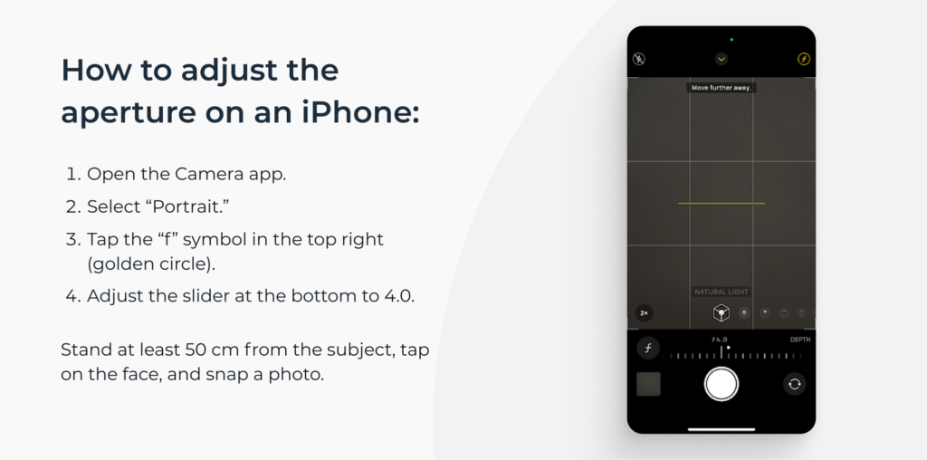 Steps explaining how to adjust the aperture on an iPhone to take high-quality passport photos.