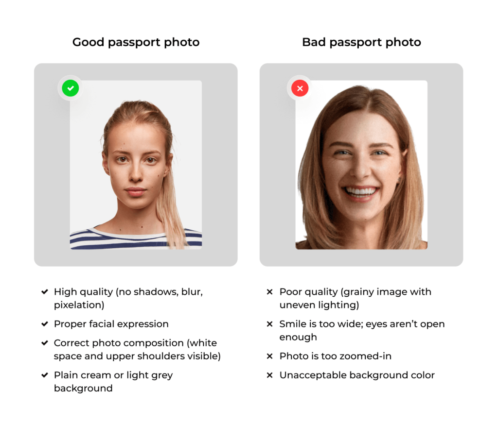 Examples of a good and a bad UK passport photo.