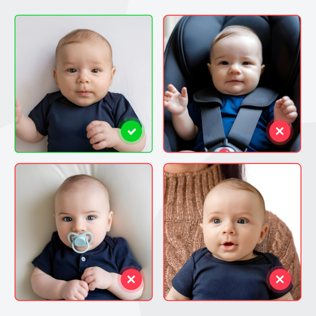 Newborn passport photo comparison showing one accepted baby photo on a plain background and three rejected examples with issues like pacifier, visible parent, and baby in a car seat.