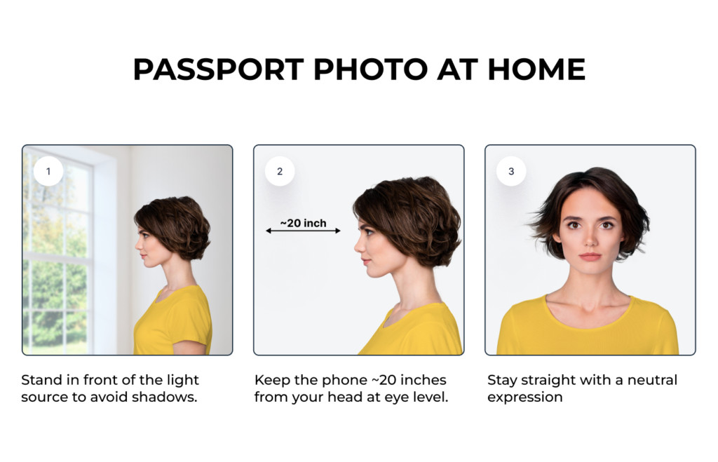 Woman taking a passport photo at home using natural light and a white background, demonstrating proper setup for DIY passport photos.