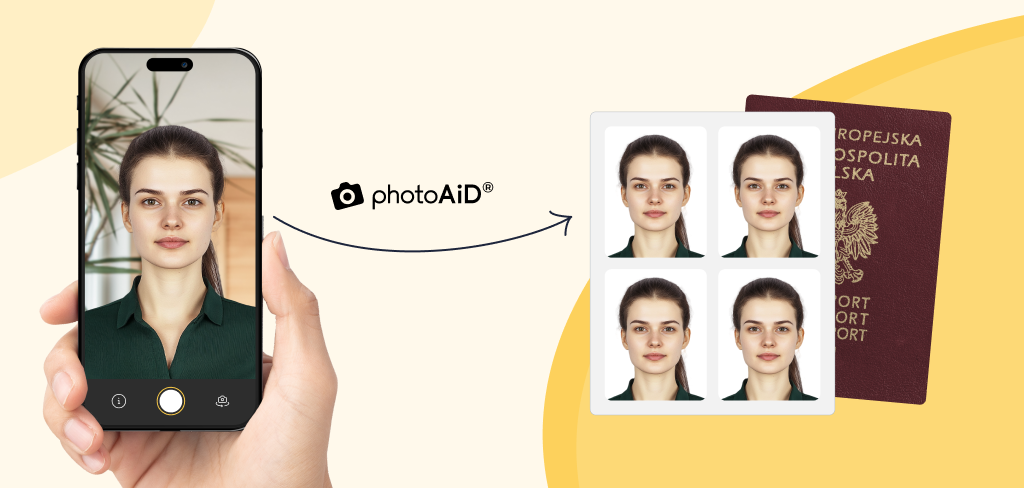 Zdjęcie w telefonie i gotowe zdjęcia paszportowe po obróbce w edytorze PhotoAiD®.