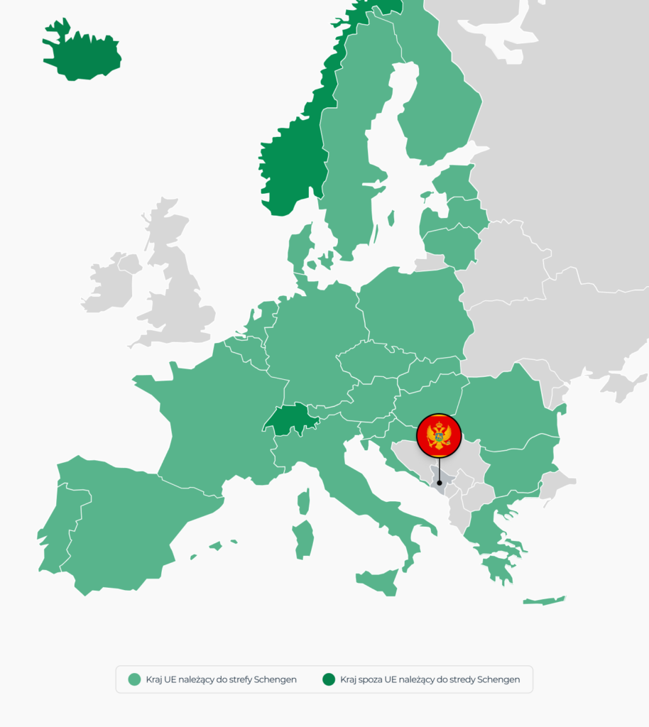 Mapa Europy z zaznaczonymi krajami należącymi do Unii Europejskiej, strefy Schengen oraz widocznymi granicami Czarnogóry, która nie należy do tych obszarów.