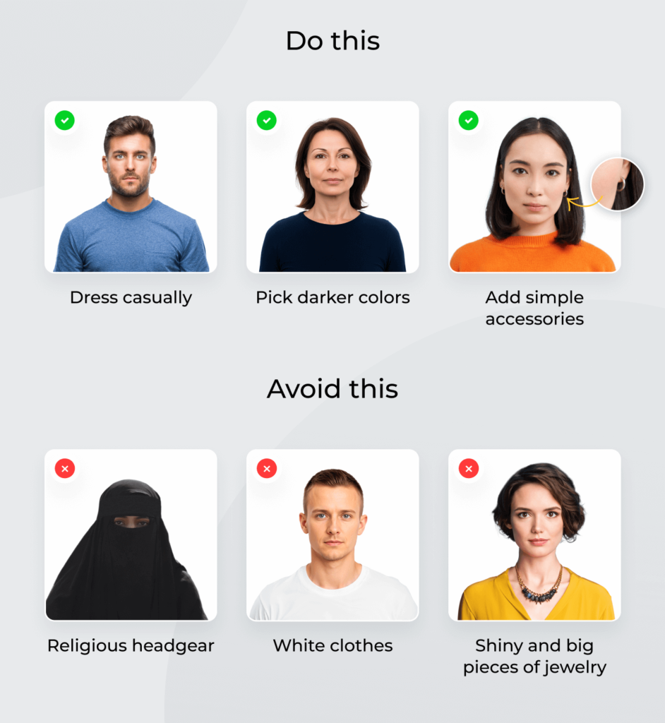 Examples of acceptable and unacceptable clothes for a passport photo.