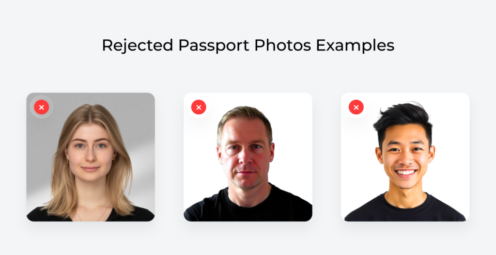 Examples of rejected US passport photos due to incorrect sizing, facial expression, and hair.