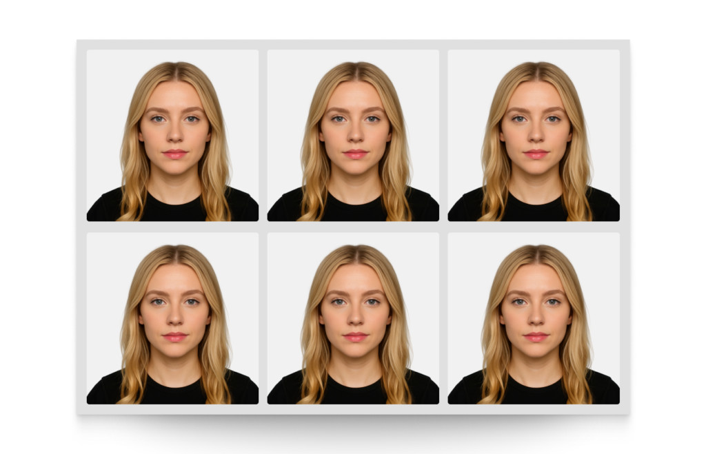 Six neatly arranged 2x2 prints of passport photos on a white background, ready for printing and cutting.
