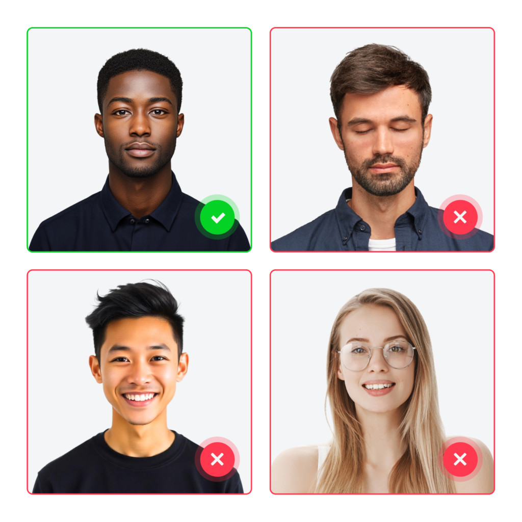 Acceptable passport photos comparison showing one approved photo with proper posture and expression, alongside three rejected images with common errors like closed eyes, smiling, and glare on glasses.
