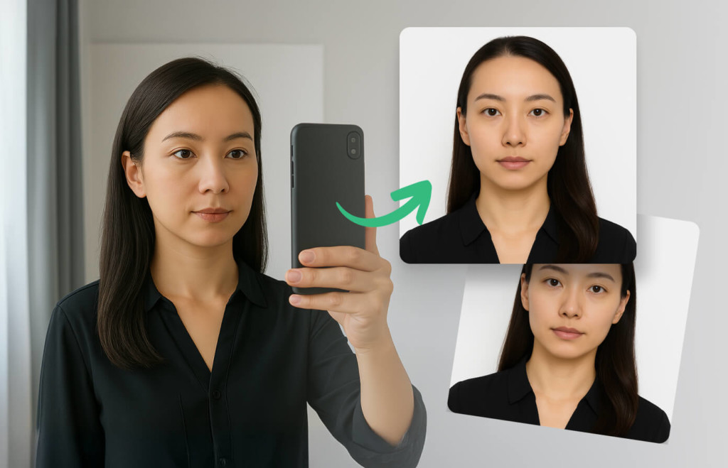 Can I Take My Own Passport Photo Woman using a smartphone to take her own ID photo with examples of accepted and rejected results, visually answering the question: can i take my own passport photo.