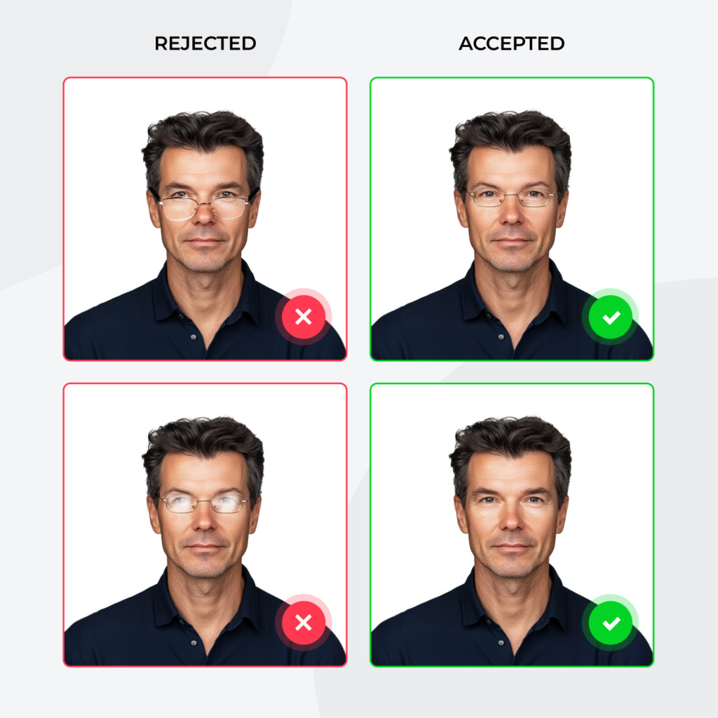 Can you wear glasses in passport photo comparison showing accepted and rejected examples based on glare, frame thickness, and lens reflection.