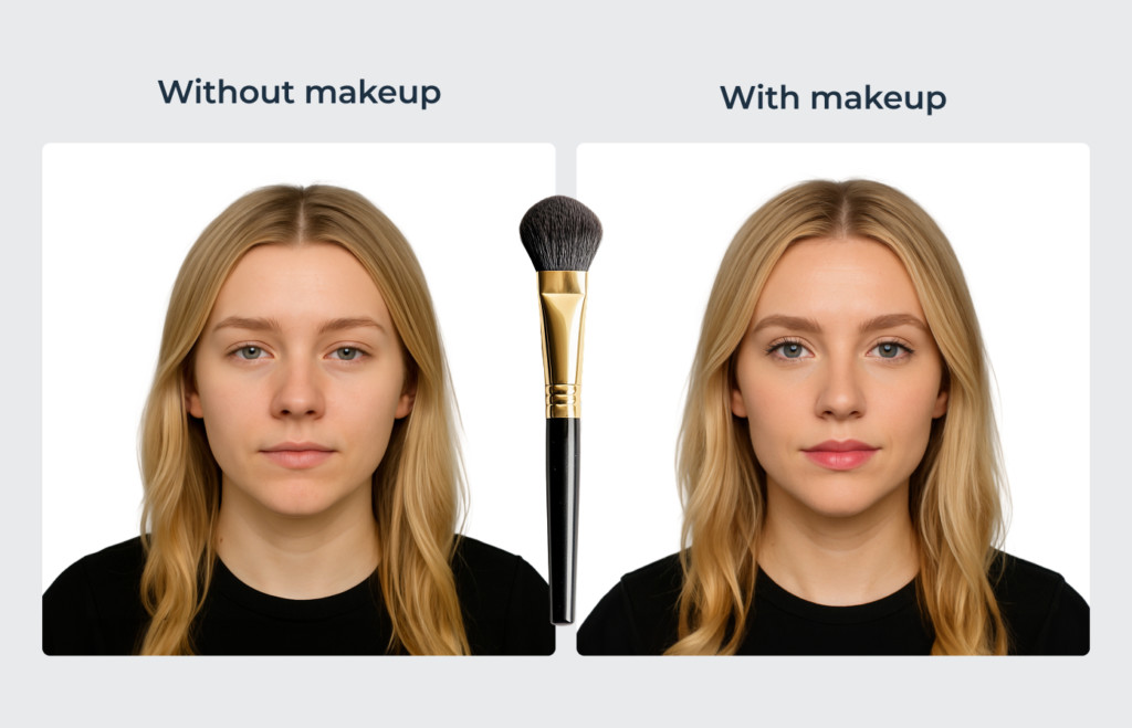 Before and after comparison answering can you wear makeup in passport photo, with minimal makeup shown for a natural look.