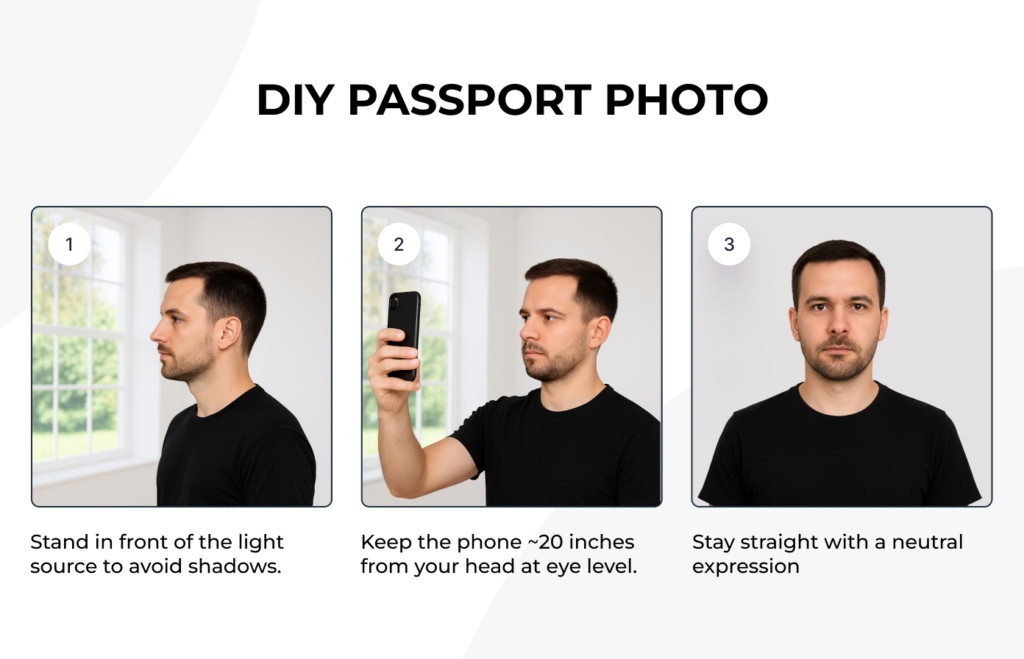DIY passport photo step-by-step guide showing a man positioning himself by a window, holding a smartphone, and taking a compliant photo.