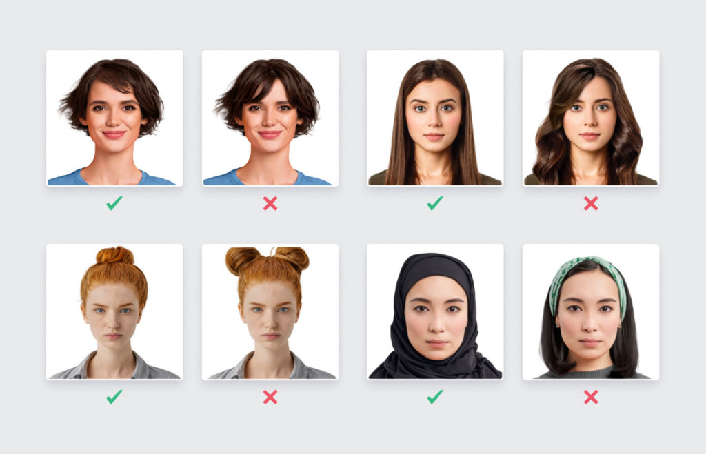 Female Passport Photo Example Grid of female passport photo example images showing approved and rejected styles, including differences in head angle, expression, hairstyle, and head coverings.