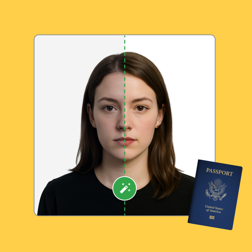 Good passport photos example showing a well-lit, centered female subject with minimal makeup and neutral expression, illustrating how to look your best for a passport photo.