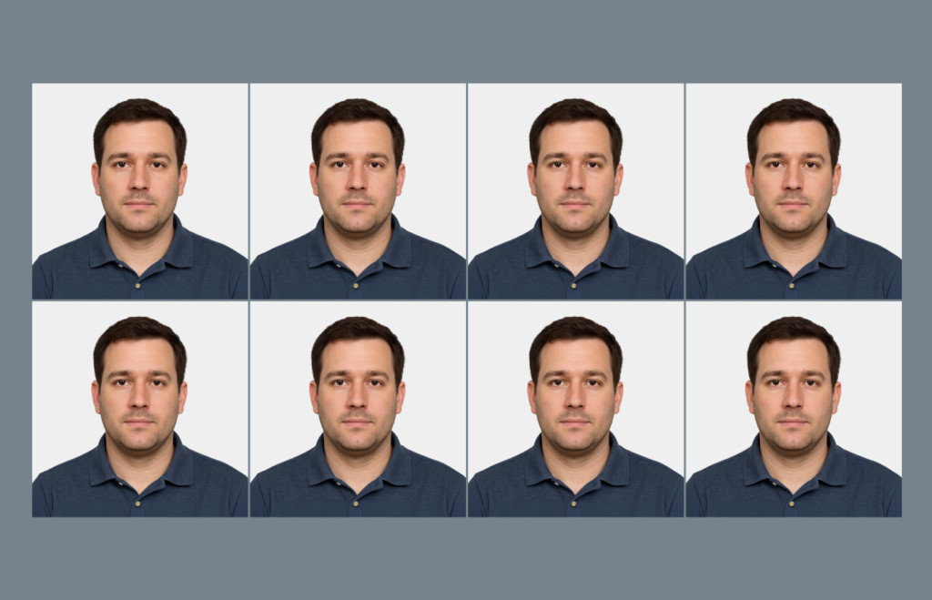 Screenshot of how to print passport photos using layout software, showing 8 identical 2x2 inch images on a digital canvas for home printing.