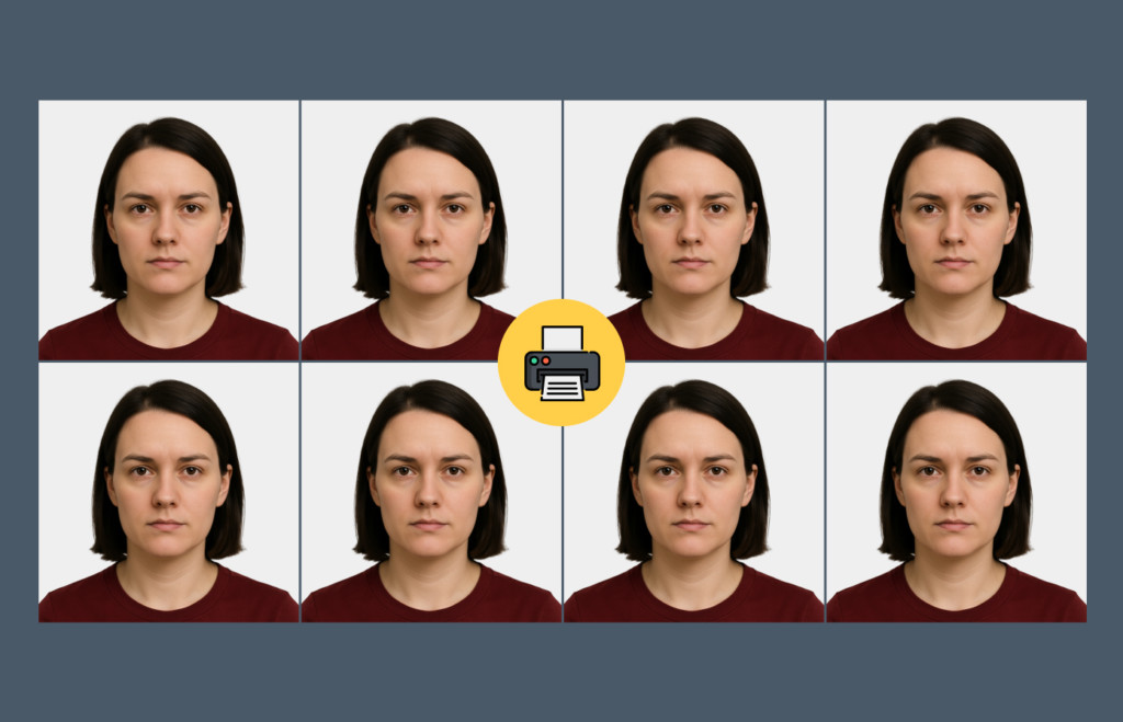 Sheet layout showing how to print passport size photo with eight identical headshots aligned for printing, centered around a print icon.