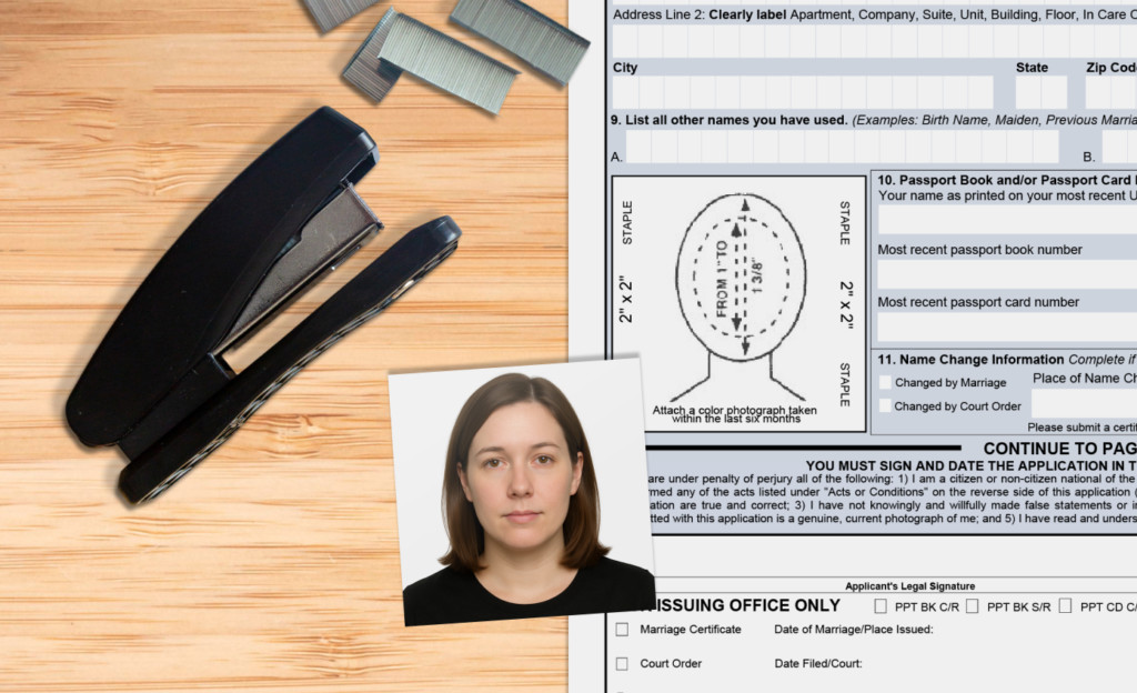 Demonstration of how to staple a passport photo correctly on the application form, with clear 2x2 inch size and staple placement.
