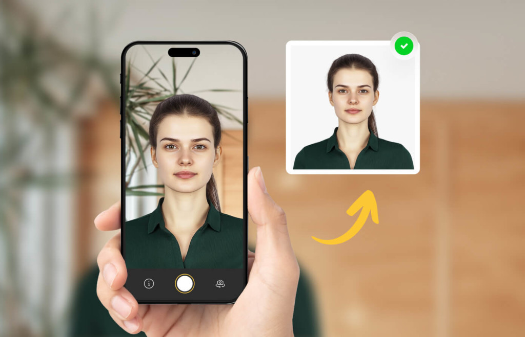How To Take A Passport Photo With iPhone Visual showing how to take a passport photo with iPhone, featuring a person centered on screen and a final accepted image with proper background and alignment.