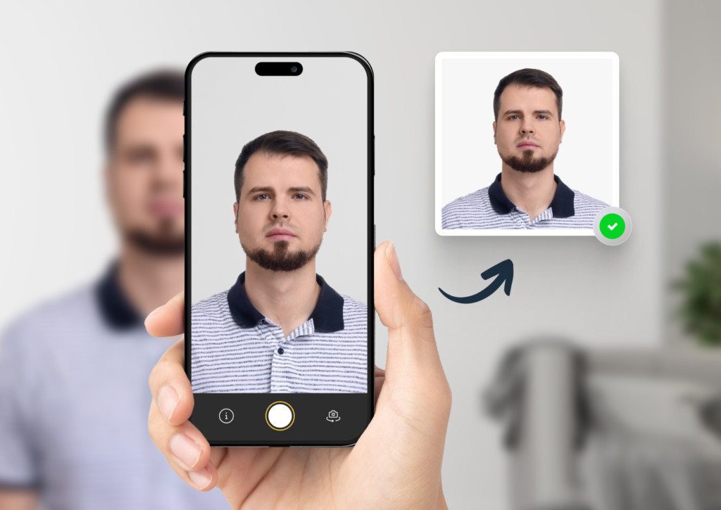 How to take passport photo with iPhone showing a man being photographed on a smartphone with correct lighting, background, and formatting, alongside a preview of the final approved passport photo.
