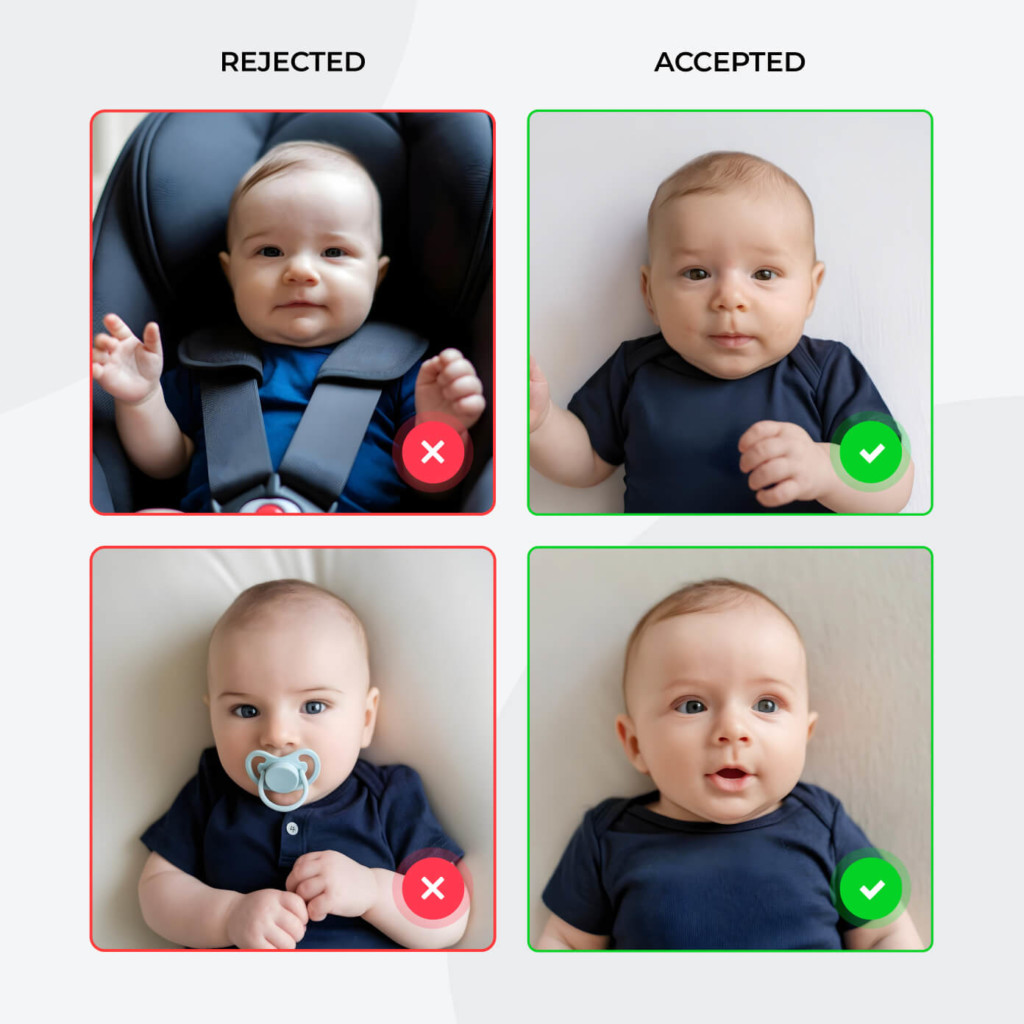 Infant Passport Photo Grid comparing infant passport photo examples, showing accepted images with plain backgrounds and clear visibility, and rejected ones with car seats or pacifiers.