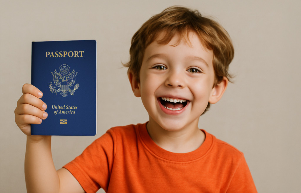Kids Passport Smiling child holding a United States passport, representing the concept of a kids passport for travel or application purposes.