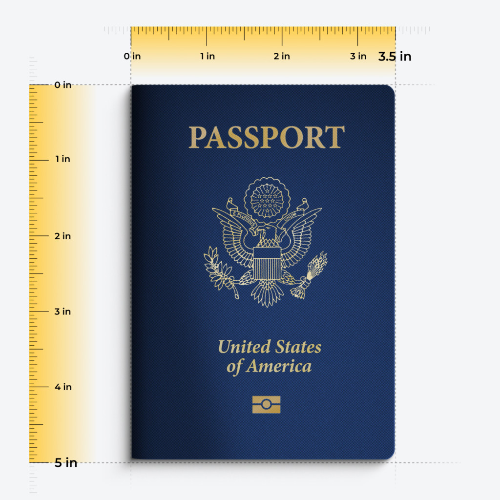 U.S. passport dimensions shown with an overhead ruler, displaying height and width in inches to illustrate the physical size of a passport.