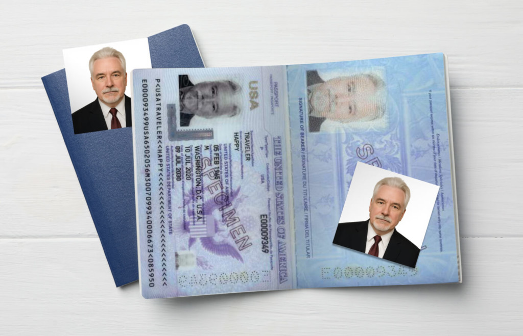 Passport Example U.S. passport example showing an open passport with a specimen personal details page and matching printed passport photos placed beside it.