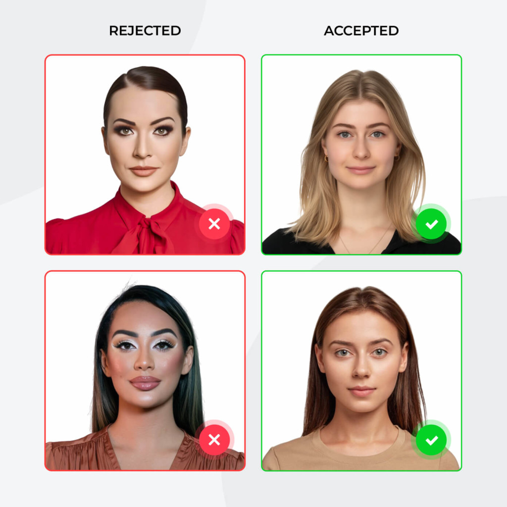 Passport Makeup Comparison image showing passport makeup guidelines with accepted photos featuring natural looks and rejected ones with heavy or dramatic makeup styles.