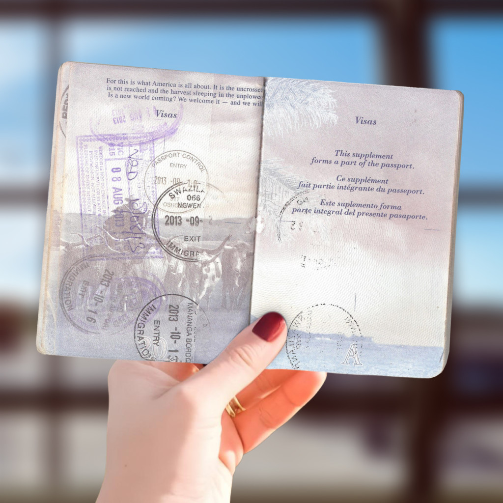 Open passport pages with visible visa stamps and travel markings, showing realistic passport page design for international travel documentation.