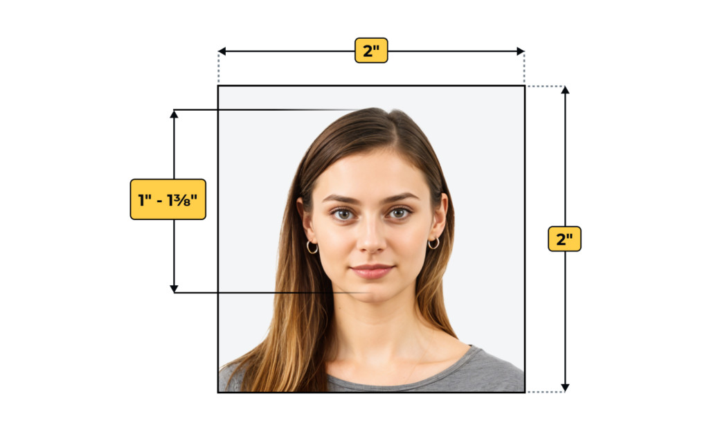 Passport photo dimensions example showing a woman centered in a 2x2 inch frame with labeled head height and eye level measurements for official photo requirements.
