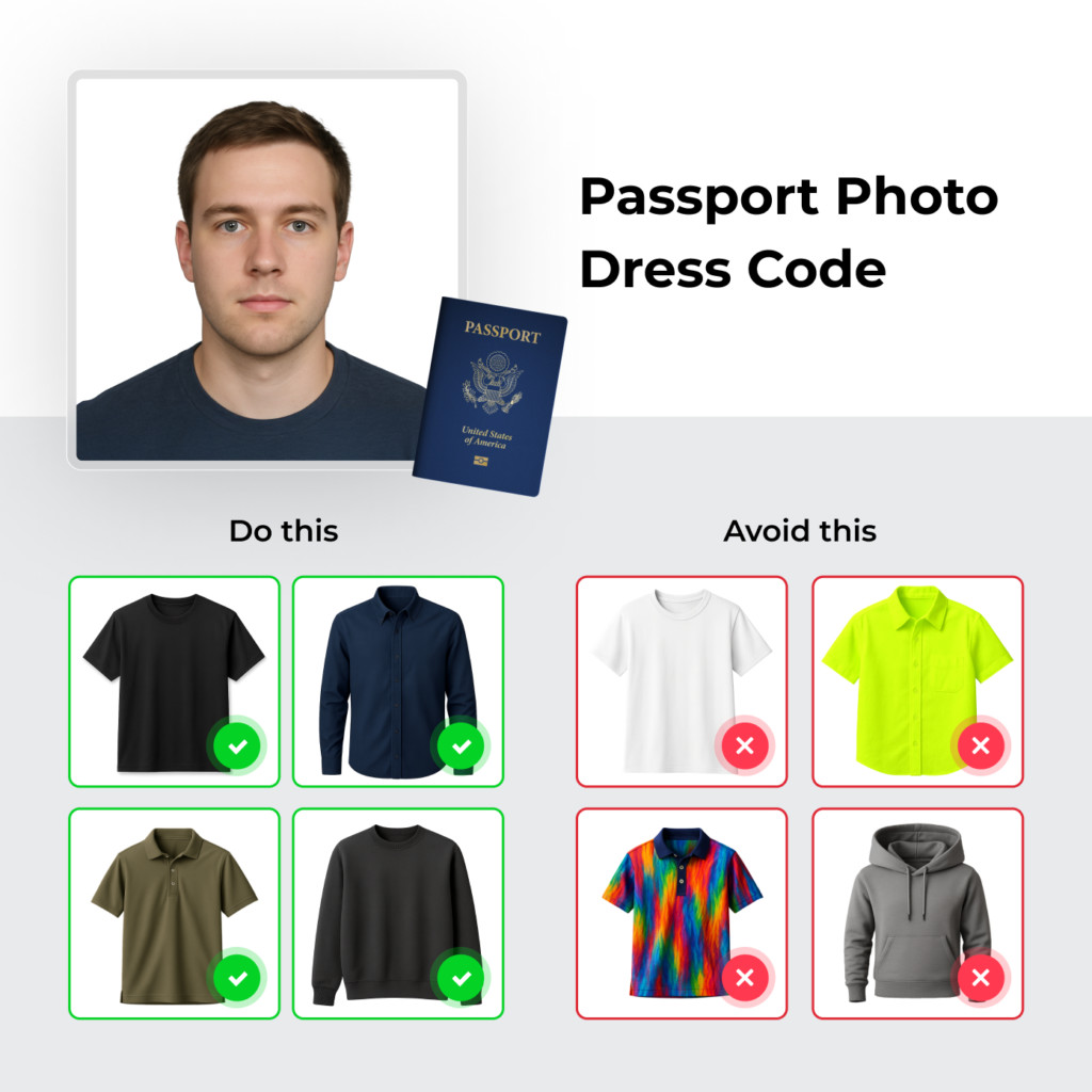 Passport photo dress code guide with visual examples of what to wear and avoid, including dark shirts vs. white or patterned clothing, for compliant passport photos.