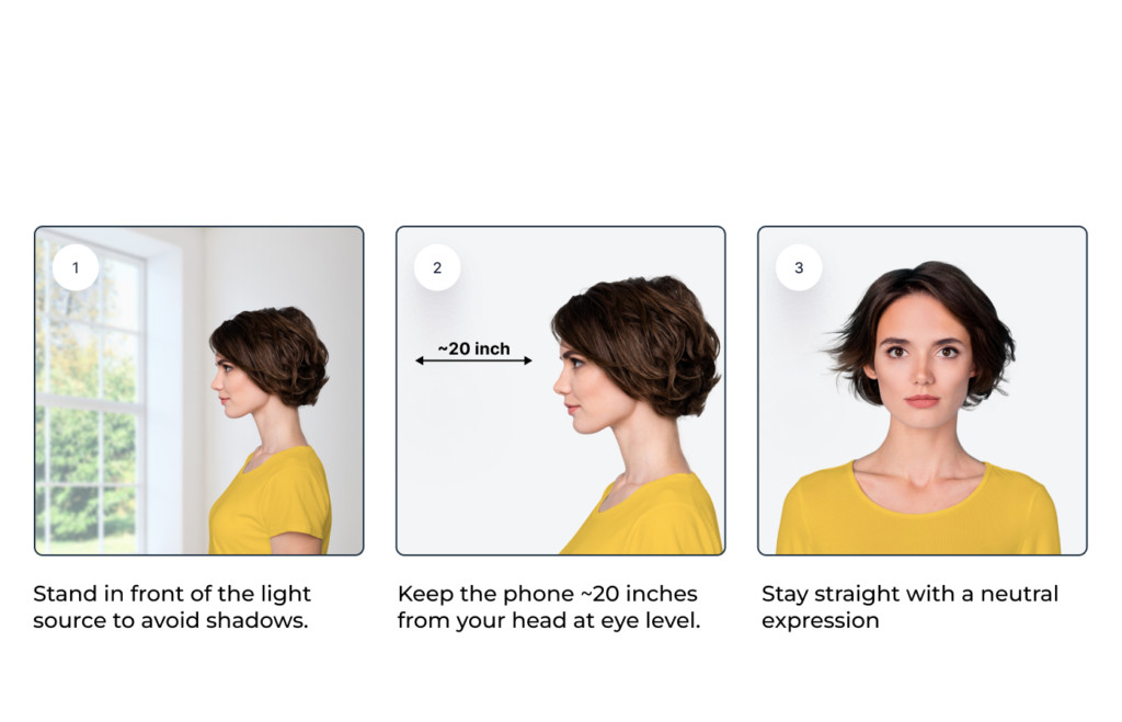 Comparison of good and bad passport photo examples, highlighting errors like facial expression, head position, and eyeglasses.