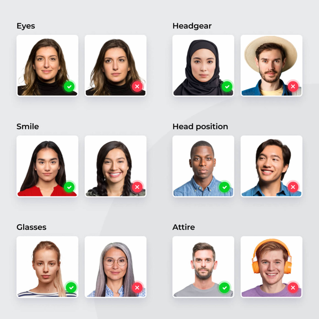 Grid of passport photo examples showing accepted and rejected images for eyes, headgear, smile, head position, glasses, and attire, highlighting common mistakes and correct standards.