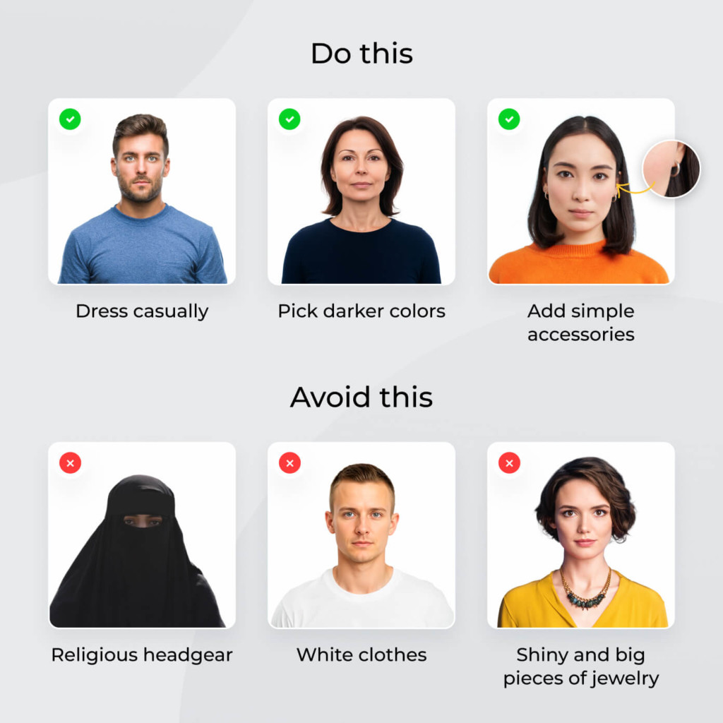 Passport Photo Guidelines Visual guide illustrating passport photo guidelines with labeled examples of what to wear and avoid, including casual attire, dark colors, simple accessories, and common mistakes like white clothing or large jewelry.
